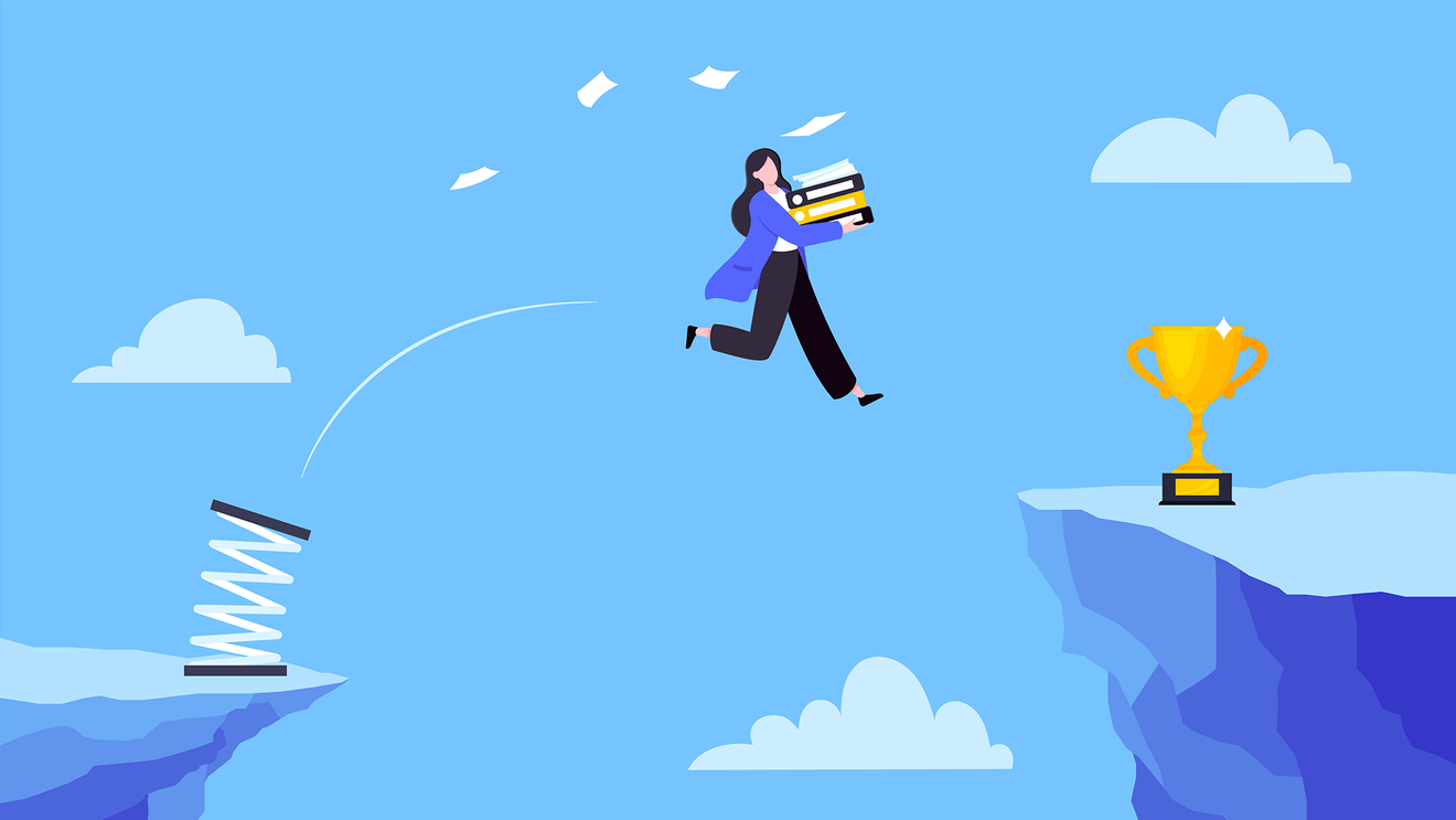 animation of person leaping between cliffs to a trophy