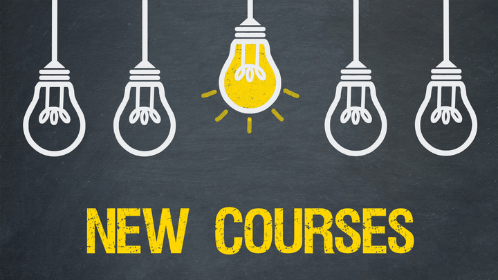 illlustration of bulbs hanging and says "new courses" in yellow below