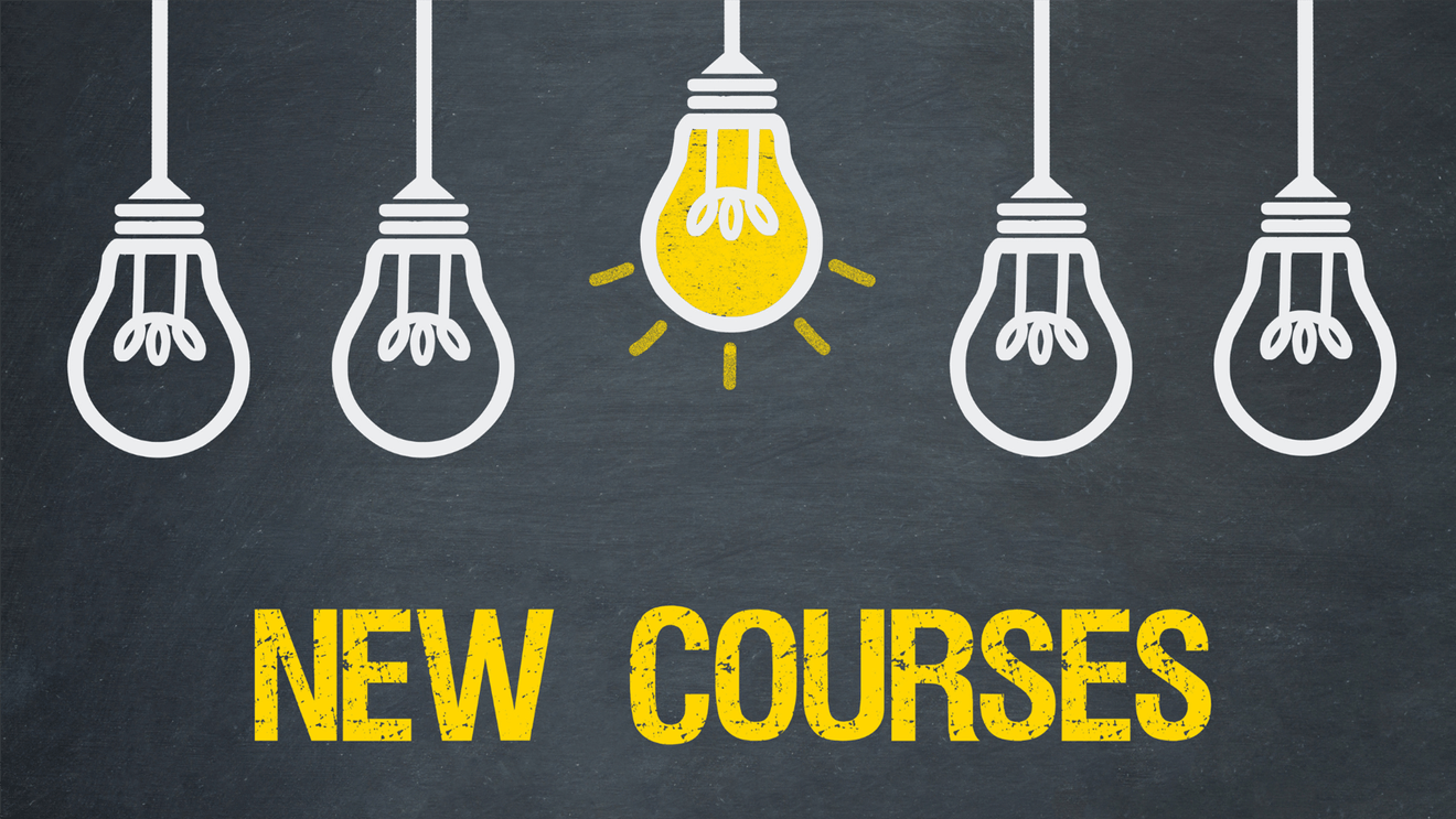 illlustration of bulbs hanging and says "new courses" in yellow below
