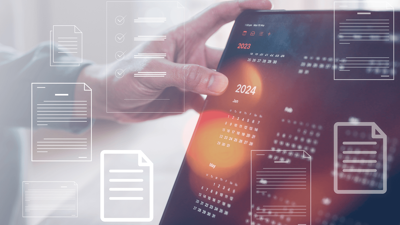 hand holding digital calendar with icons floating in foreground