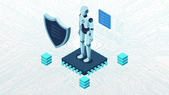 Graphic of a robot standing on computer parts with a security shield, representing AI security for a CompTIA SecAI+ blog