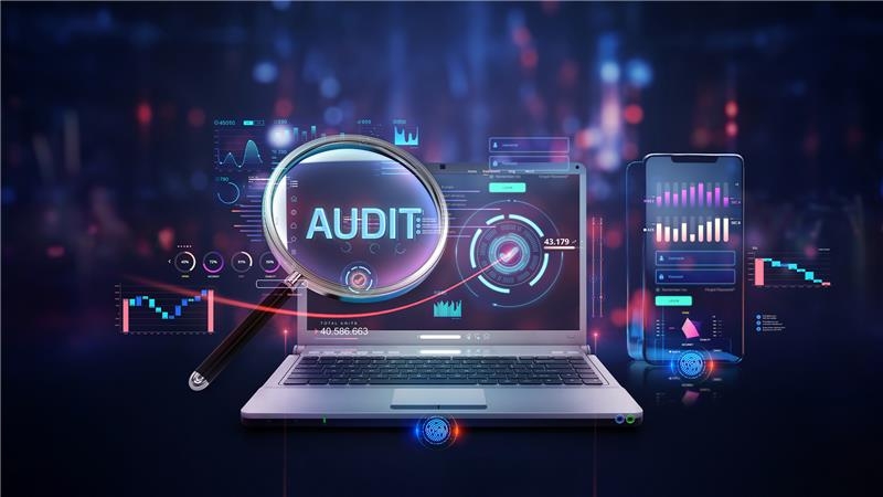 laptop floating with audit icon in neon glow colors