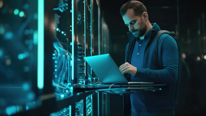man typing on laptop with backpack