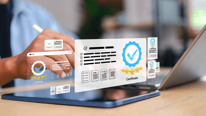 certification icons hovering over laptop