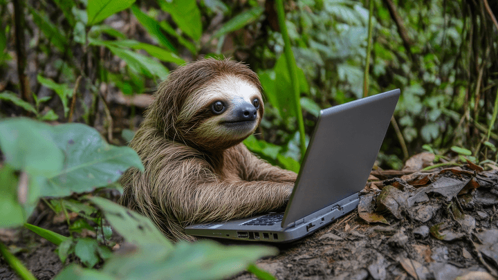 sloth on a laptop in the woods