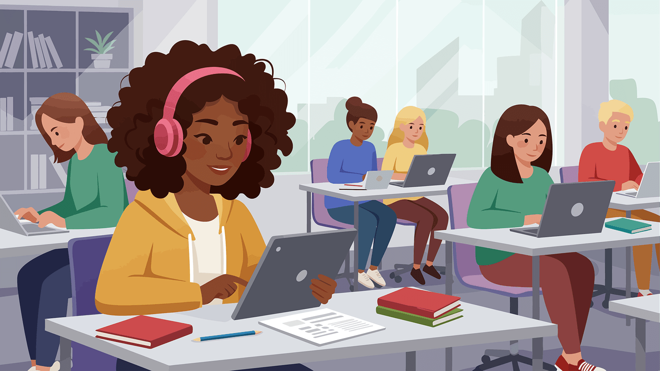 cartoon girl with headphones on laptop