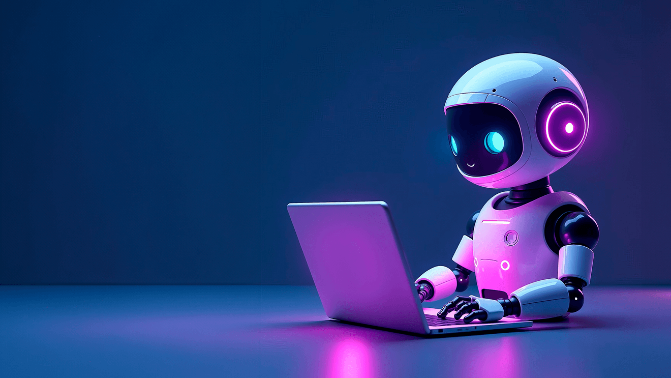 robot representing AI working on a laptop