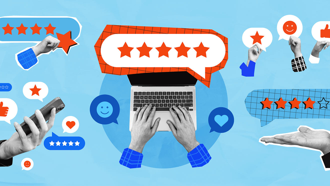 Graphics of stars and laptops and emoji for reviews