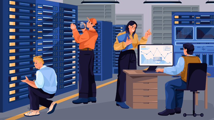 Drawing of IT professionals working in a server room, representing what AI can't do in IT