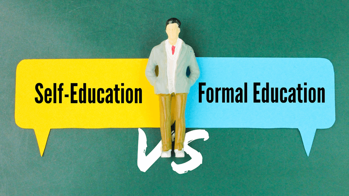 person deciding between self and formal education
