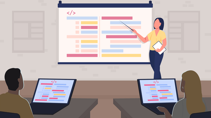 illustration of professor pointing to screen in front of tech enabled classroom