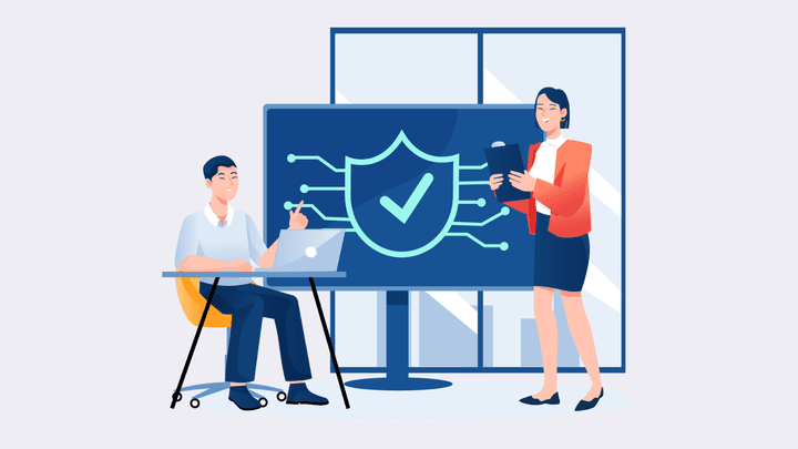 Illustration of IT and cybersecurity professionals reviewing secure digital infrastructure and cybersecurity training concepts