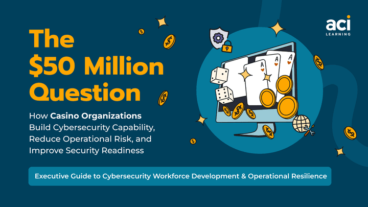 Cover of The $50 Million Question, an ACI Learning executive guide for casino organizations on cybersecurity capability, operational risk, and security readiness.